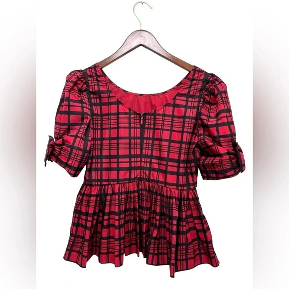 LoveShackFancy Keily Puff-Sleeve Peplum Top Blouse Moody Ruby Plaid Coquette 2 - Picture 5 of 11